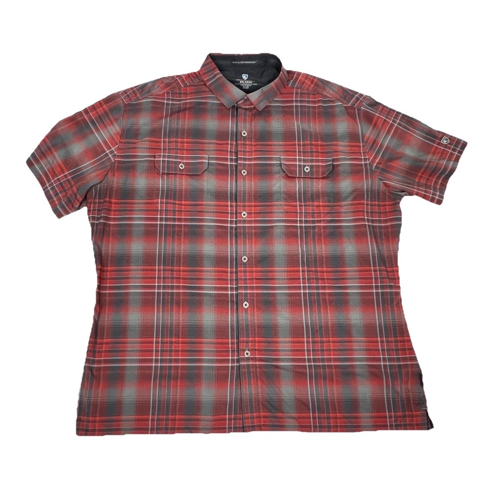 KUHL Response Plaid Short Sleeve Shirt Men's 2XL Button Flap Pocket Molten Red